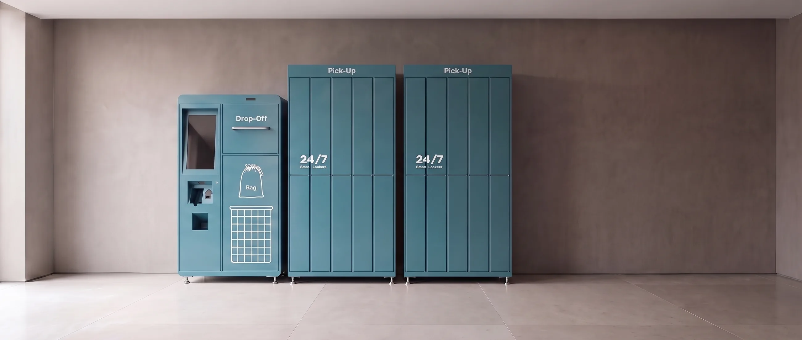 A Proxalo access point: one Drop-Off unit beside two Pick-Up units against a lobby wall