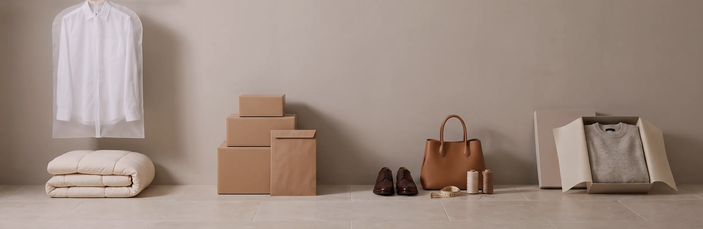Garments in a protective bag, parcels and a mailer, leather shoes and a handbag with a tailoring kit, and an open box holding a folded knit